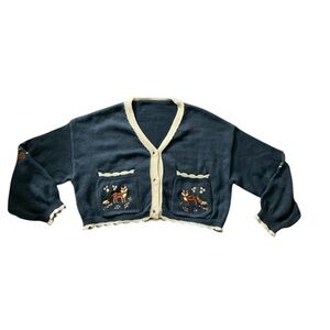 Cropped Navy Blue Cardigan W/ Scalloped Longsleeves & Pockets